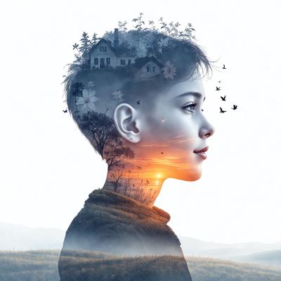 Primary subject: A young boy with a smiling expression.

Setting/background: The boy is surrounded by a beautiful landscape, featuring a field of flowers and a house in the background.

Visual style: The image is a digital art or illustration, showcasing the boy's face and the surrounding environment.

Colors and mood: The image is predominantly blue, with the boy's face and the flowers in the field being the main focus. The overall atmosphere is serene and peaceful.